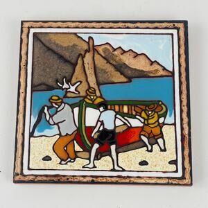 Vintage Handmade Ceramic Men and Boat Decorative Wall Tile 5 1/2”